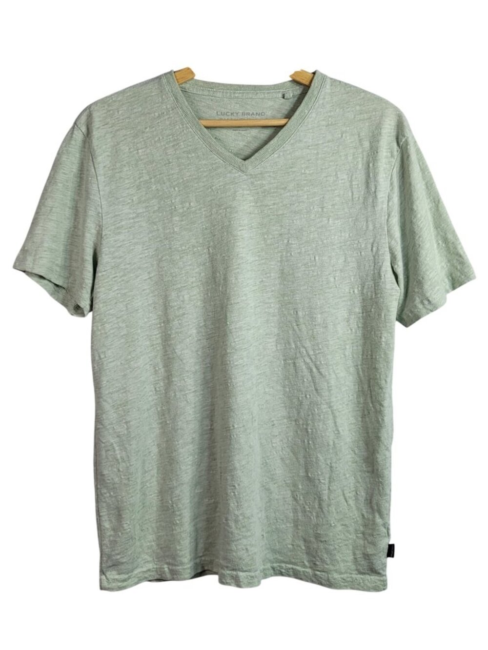 Lucky Men Slub TShirt Green Medium V Neck Short Sleeve Linen Blend Summer Casual